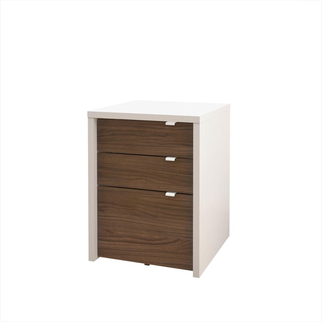Nexera Liber-T 3-Drawer Filing Cabinet in white melamine with walnut laminate drawer fronts, featuring two catch-all drawers on metal slides and one legal size filing drawer with full-extension ball bearing slides, shown in a front 3/4 view on a white background, suitable for home office or living room storage.