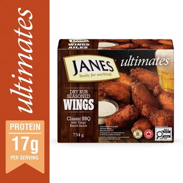 Ailes de poulet ultimes Janes® assaisonnées à la marinade sèche barbecue classique, 754 g, ailes de poulet congelées. Contient : Viande blanche. Ailes de poulet, 754g