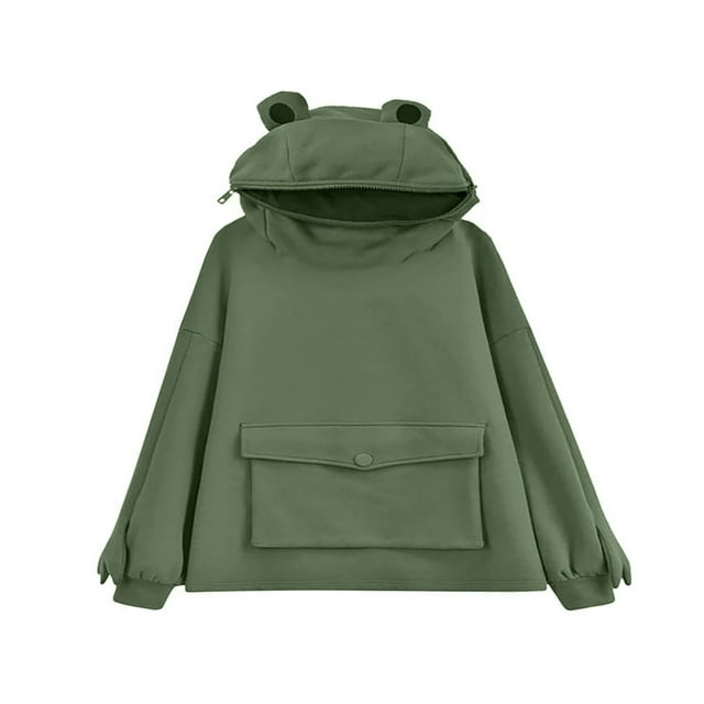 Sweat à Capuche Frog Mignon pour Femmes, Fermeture Éclair, Tunique Décontractée Ample, Costume Mignon avec Poches