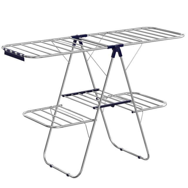 SONGMICS Clothes Drying Rack, Laundry Drying Rack, Free-Standing Drying Rack, Silver and Blue ULLR53BU foldable freestanding steel rack with 4 adjustable wings (33 rails) and 27 clips, adjustable top wing heights 44.9/53.5/67.3 in, rust-resistant finish, shown open on a neutral floor; suitable for air-drying clothes, towels and delicates and often used as a temporary organiser for scarves or craft textiles.
