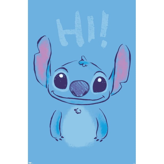 Disney Lilo and Stitch - Hi Wall Poster, 22.375" x 34" featuring a front-facing illustration of Stitch with large black eyes, a smiling mouth, and big ears with pink inner shading on a solid blue background with the word 'Hi!' in textured light blue above, printed on glossy poster paper for vibrant wall decor, ideal for bedrooms, offices, or dorm rooms.