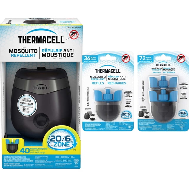 Thermacell E90 Répulsif Rechargeable avec 148 Heures de Protection contre les Moustiques, Montré dans Son Emballage avec Trois Cartouches de Recharge. le Répulsif Offre une zone de Protection de 20 Pieds, Est Sans Déet, Sans Parfum et Léger. Comprend 40 Heures de Répulsif contre les Moustiques et Présente des Indices audio et des DEL pour les Mises à Jour de l'État. les Recharges Offrent 36 et 72 Heures de Protection Supplémentaire.