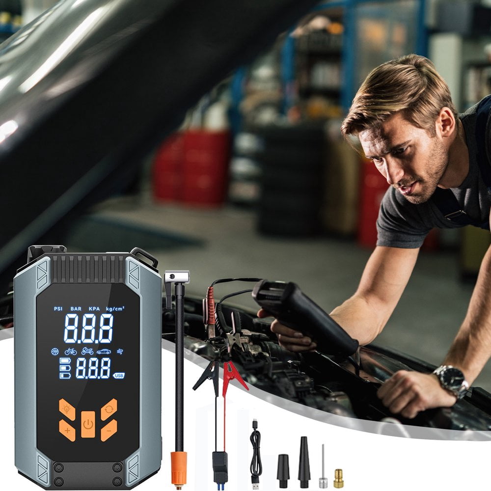 HLONK Portable Car Jump Starter Tire Inflator 150PSI 7200mA 12V Battery Starter Pcs for 3.0L Gas Vehicles - LCD Display  3 Light Modes  Type-C Charger  Emergency Power Bank with Smart Wir