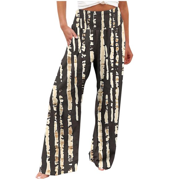 Fall Saving! HVOBTTY Women's Casual Long Trousers, Women Casual Loose Print Elastic Waistband Pocket High Waisted Straight Leg Pants Black, XL