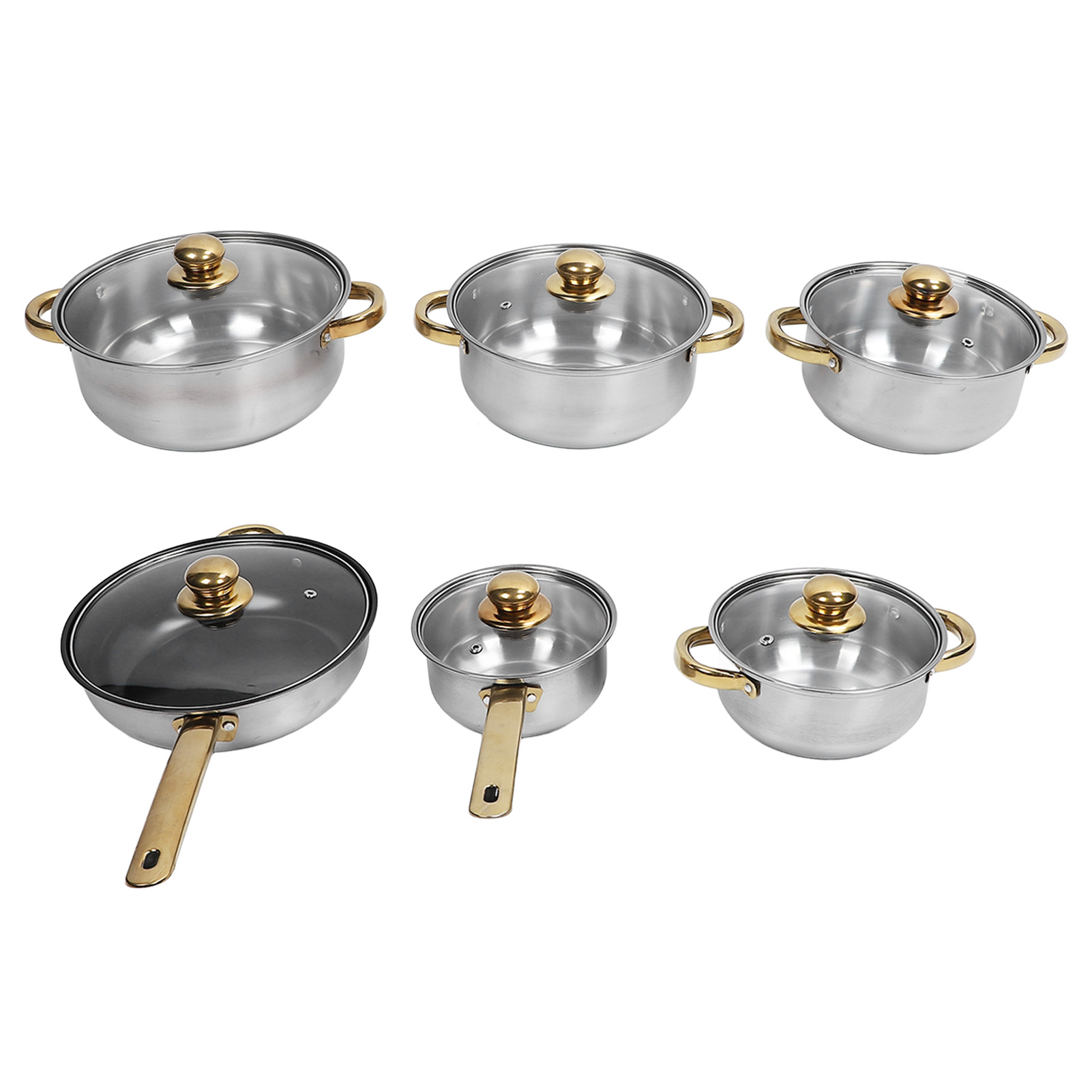 6 Pcs Kitchen Pots and Pans Set, Stainless Steel Golden Handle Non Stick Cookware Set Soup Pots Milk Pot Kettle, Tempered Glass Lids Dishwasher and Oven Safe Kitchen Utensils