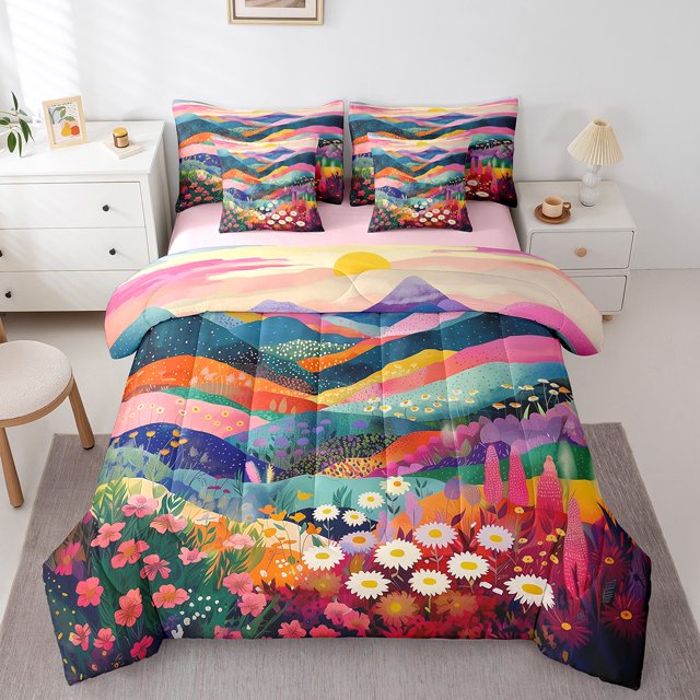 Erosebridal Groovy Daisy Bedding Sets Full Size, Rustic Botanical Comforter Sets with Sheets, Floral Decor, Reversible 7-Piece