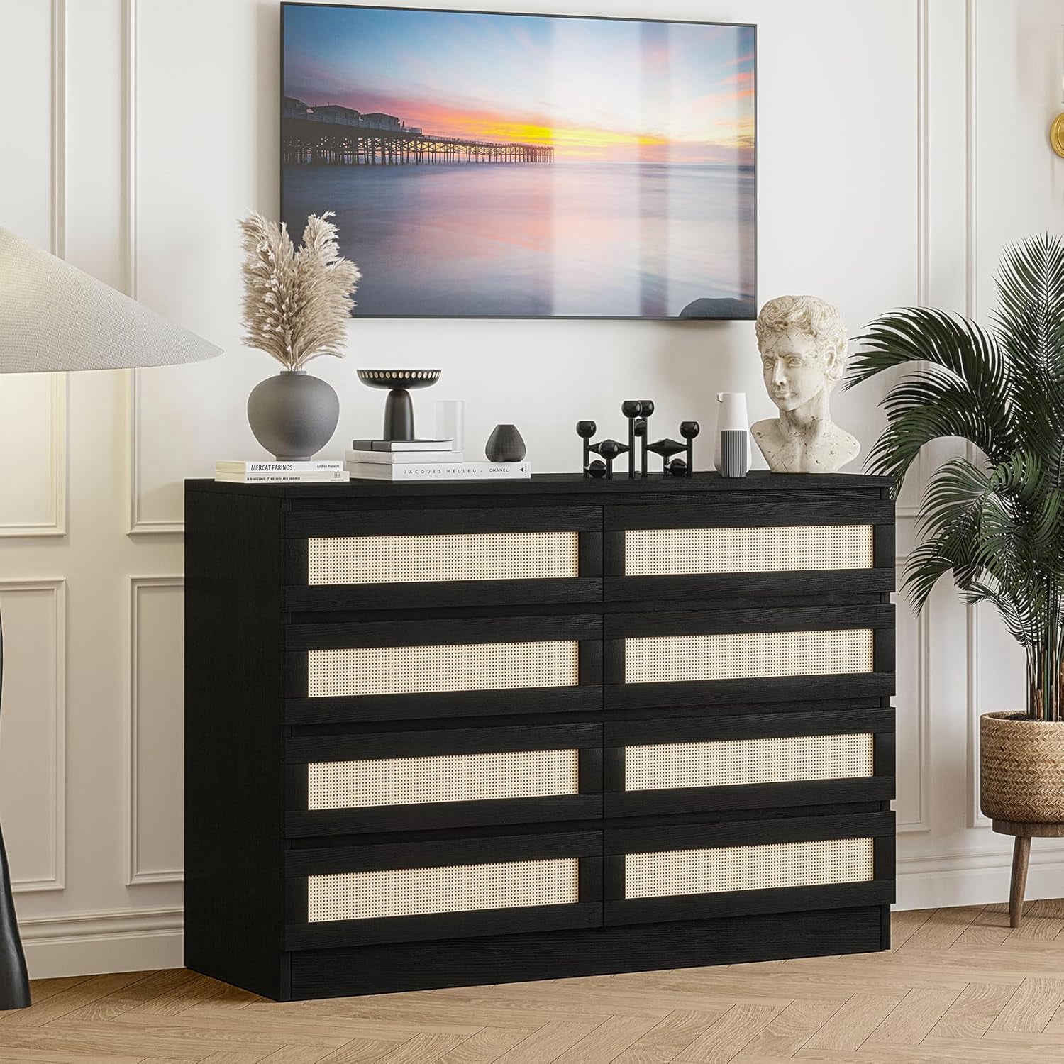Rattan Dresser for Bedroom, 8 Drawer Dressers & Chests of Drawers, Modern Wood Dresser for Closet, TV Stand, Nursery, Living Room, Hallway, Entryway, Black