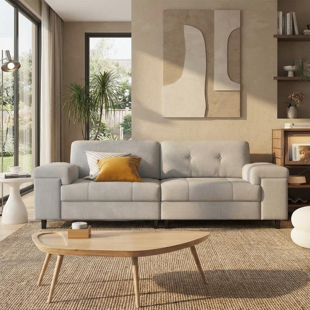 85in Modern 3-Seater Chenille Sofa with Adjustable Armrests Deep Seat Couch with Button Tufted Backrest Plush Upholstered Sofa for Living Room Bedroom Easy Assembly