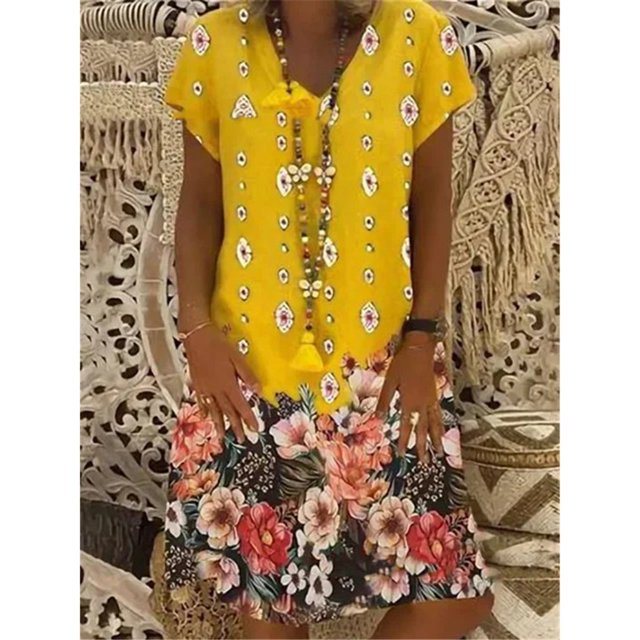 BJYX Robe Femmes Boho Grande Taille en Vrac Floral Vintage Midi Robes Été Plage V Cou Manches Courtes Robe de Soleil