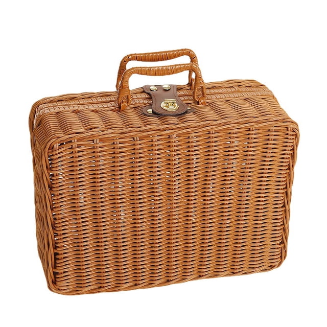 Woven Woven Picnic Box Plastic Rattan Retro Woven Storage Box with Shaped Handle for Outdoor