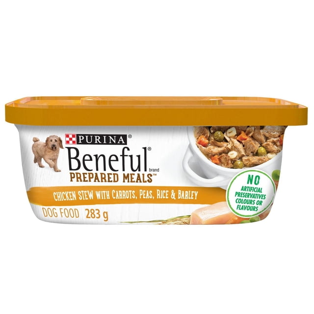 Beneful Prepared Meals Chicken Stew, Wet Dog Food 283 g container with orange lid, featuring Purina branding and a small dog image, showing chicken stew with carrots, peas, rice, and barley in gravy, free from artificial preservatives, colours, or flavours, complete and balanced for adult dogs.