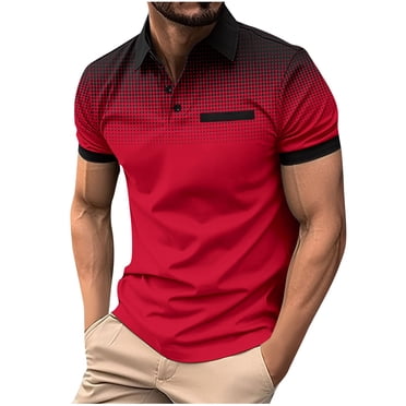 lcziwo Gradient Polo Shirts for Men with Pocket 2024 Fashion Summer Casual Short Sleeve Golf T Shirts Dot Print Lapel Button Shirt Big and Tall Wine XXXL