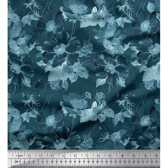 Soimoi Blue Poly Georgette Fabric Leaves & Floral Print Sewing Fabric BTY 52 Inch Wide