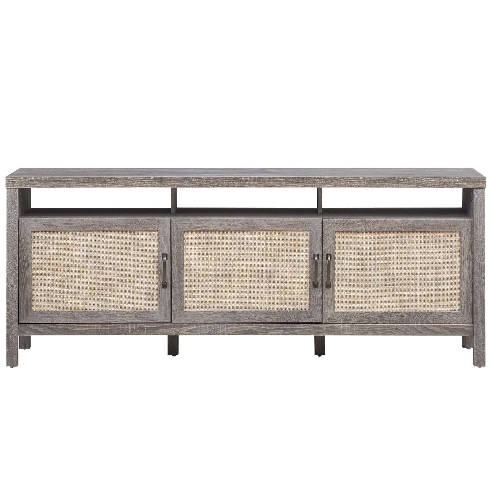 Patiojoy Meuble TV universel Cabinet de télévision Console multimédia avec 3 portes en rotin Chêne gris