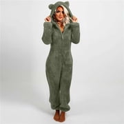 jsaierl Christmas Pajamas for Women One Sets,Womens Fleece Onesies Pajamas Jumpsuit Warm Sherpa Romper Sleepwear One Piece Zipper Hooded Playsuit Loungewear