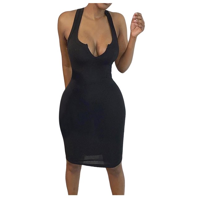 Fridja Womens’s Sheath Sleeveless Dress Solid Color Deep V-Neck Dress