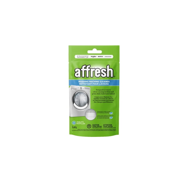 Affresh® Washing Machine Cleaner in a green resealable pouch with blue and white accents, featuring images of front-loading washing machines and text describing its formula to remove odour-causing residues and grime from all washing machines including HE models, containing 3 tablets of 40g each, suitable for monthly laundry care and washing machine maintenance.