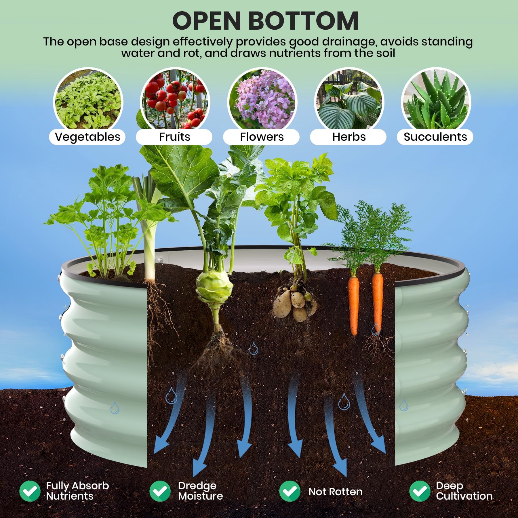 BeesClover Round Galvanized Raised Garden Bed - 2FT/3FT/4FT Sizes - Outdoor Flower & Vegetable Bed - Heavy - Duty & Open - Bottom Design