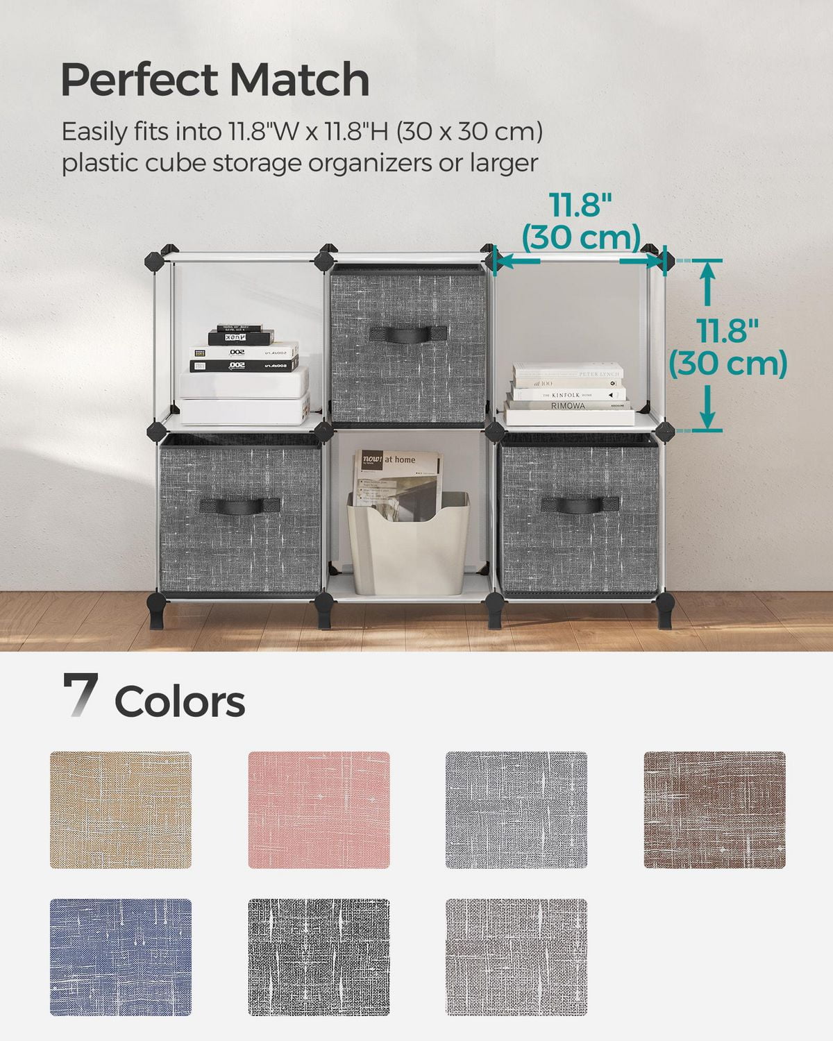 Songmics Home - Lot de 6 cubes de rangement de 11" - Bacs de rangement pliables en tissu avec poignées, noir classique