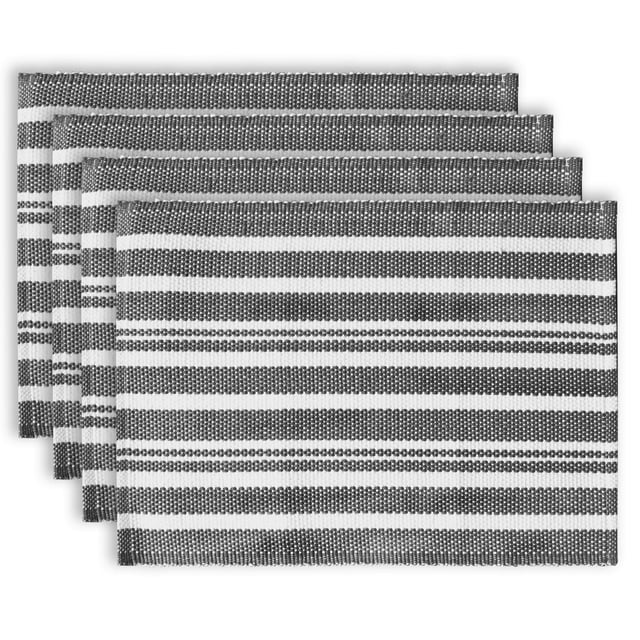 Fabstyles Broadway Stripe Cotton Placemats set of 4 in grey, heavyweight woven cotton fabric with horizontal stripes, each 13 by 19 inches, stacked slightly fanned on white background, durable table linens ideal for indoor and outdoor dining or casual entertaining.