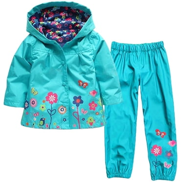 LSLJS Kids Rain Jacket, Toddler Baby Girls Long Sleeve Floral Coat Rainproof Hooded Jacket Trousers Suit( Blue, 3 Years)