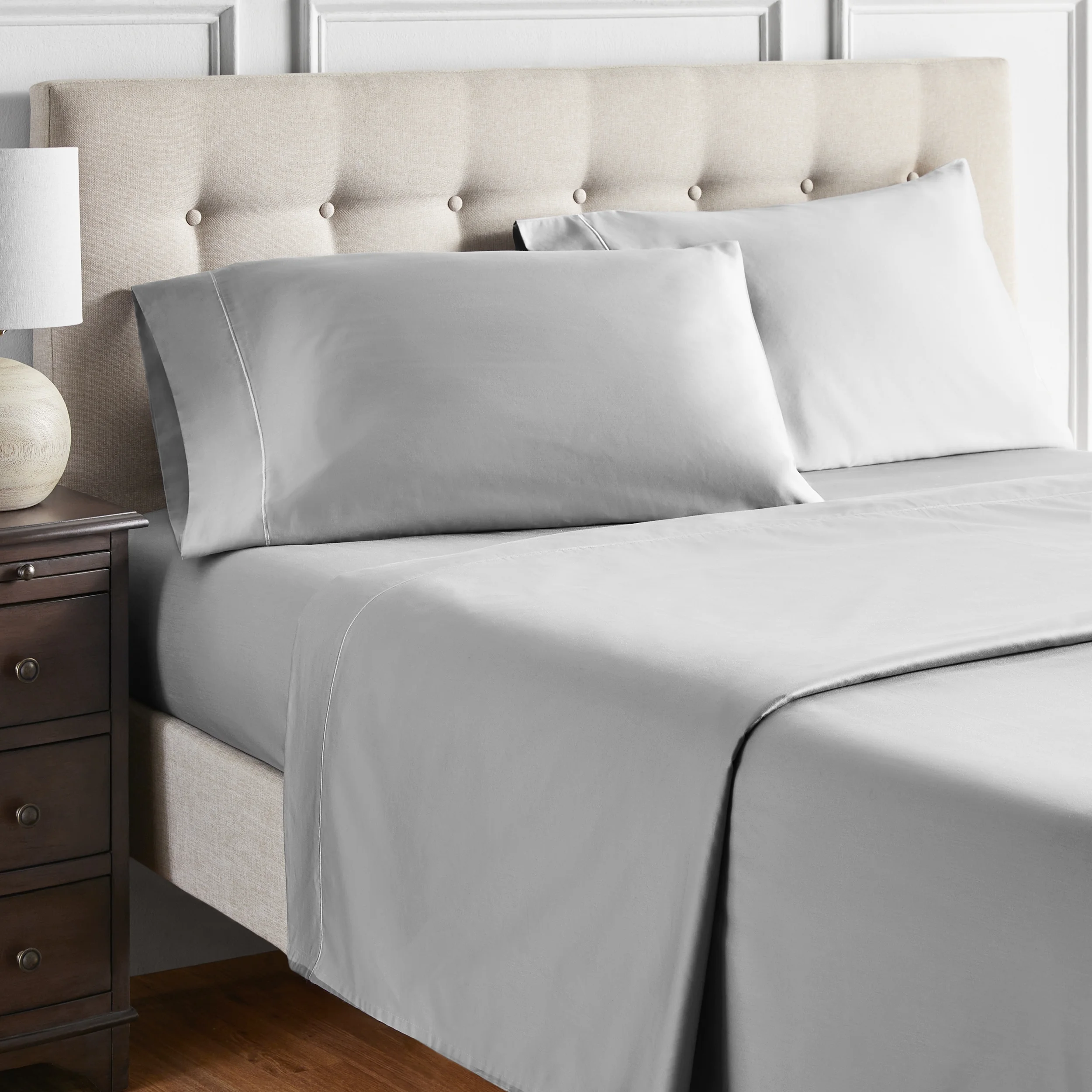 Ensemble de draps pour lit adulte en coton égyptien gris 600 contexture, 4 pièces, hotel style, grand lit - Poche profonde