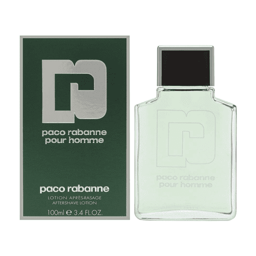 PACO RABANNE by Paco Rabanne After Shave 3.3 oz for Men, a sharp, spicy, lavender, and amber fragrance ideal for men's grooming. The image displays a green rectangular box with silver branding and a clear glass bottle with silver branding and a black cap. Recommended for daytime wear.