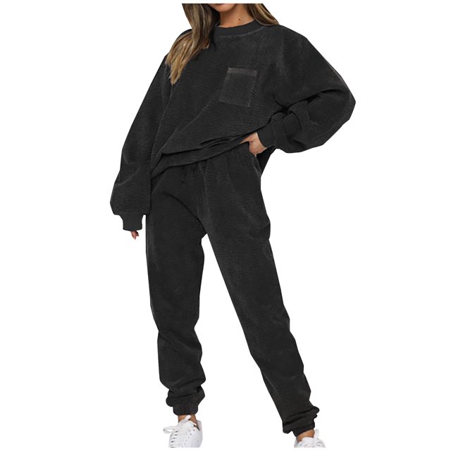 RKSTN Ensemble 2 Pcs pour Femmes Mode Automne Couleur Unie Pull avec Poches Survêtements Col Rond Hauts de Sport et Pantalons Longs