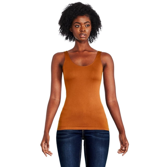 George Women's Core Seamless Tank in burnt orange with a seamless nylon and spandex knit, round neckline, sleeveless design, and straight hem, shown front-facing paired with dark blue jeans on a white background, ideal for layering or wearing alone.