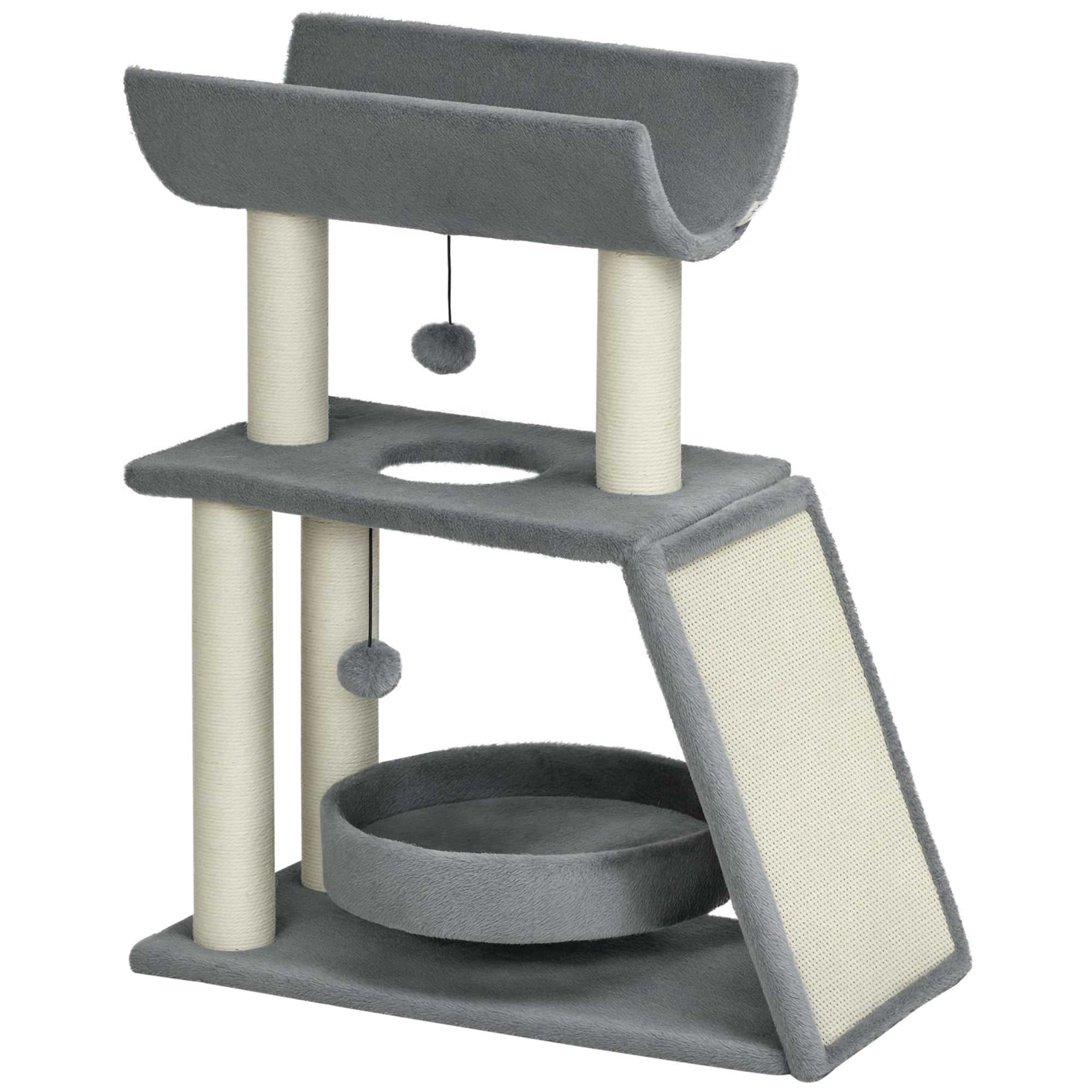 PawHut Cat Tree with Perch, Sisal Scratching Posts, Pad, Bed, Hanging Balls
