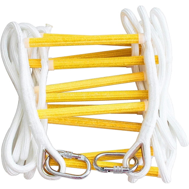 ISOP Rope Ladder Fire Escape Use, a compact and lightweight emergency exit ladder with carabiners, shown coiled with yellow resin rungs and white polyester ropes. Designed for 2-5 story buildings, it supports up to 2000 lbs and is flame-resistant. Ideal for home, school, or office evacuation.
