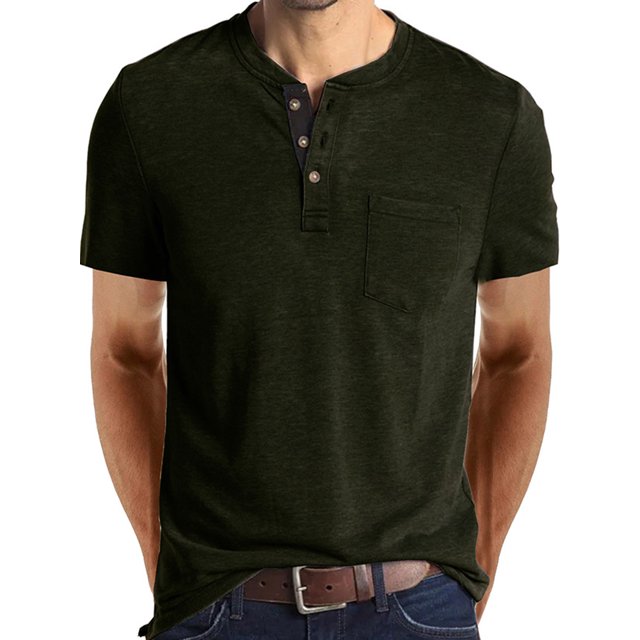 Innerwin Blouse Crew Neck Mens Summer Tops Work Henley Collar Regular Fit T Shirts Army Green XL