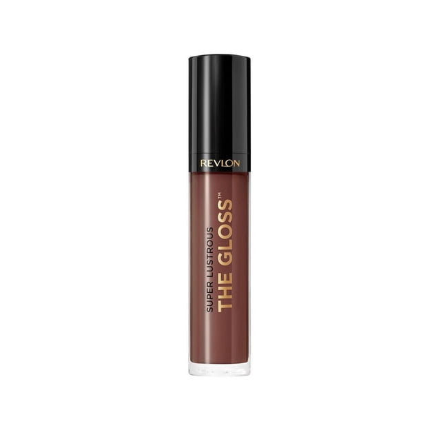 Revlon Super Lustrous™ The Gloss, lightweight shiny colour lip gloss in a clear tube with black cap, showing a brown shade and gold text, featuring a moisturizing formula that plumps lips with hydration and delivers glossy shine, suitable for enhancing lip colour and moisture.