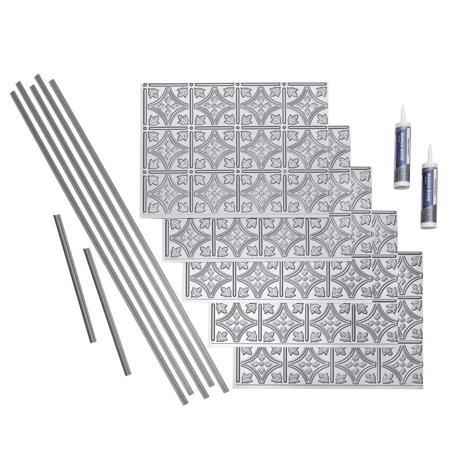 Fasade Decorative Vinyl Backsplash Kit 15 sq ft Coverage, 5 Panels Argent Silver Finish