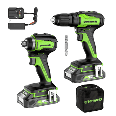 Greenworks Perceuse Sans Balais 24 V / Perceuse à Percussion et Perceuse à Impact, Batteries 2,0 Ah (2) et Chargeur Inclus