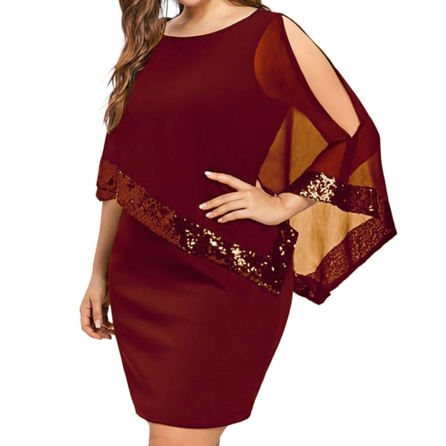 KIHOUT Robe Femme Grande Taille Épaules Dénudées Superposition Asymétrique Chiffon Sans Bretelles Robe à Paillettes