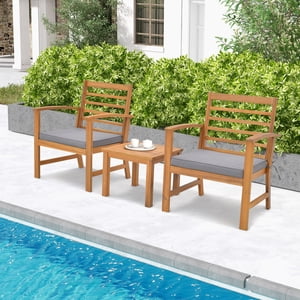 Gymax 3PCS Ensemble de meubles Acacia Wood Conversation Set w/ Coussins d'assise souples Gris extérieur