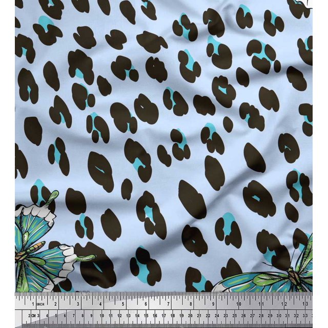 Soimoi Blue Cotton Duck Fabric Artistic Insect & Leopard Animal Skin Print Sewing Fabric BTY 42 Inch Wide