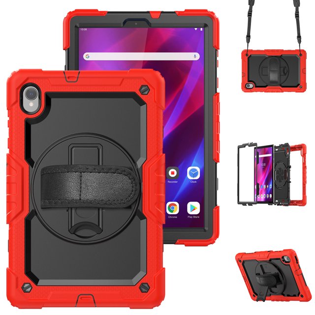 Case for Lenovo Tab K10 10.3 Inch / M10 FHD Plus 2020 2nd Gen with Screen Protector, 360 Degree Rotating Kickstand Hand Strap Heavy Duty Shockproof Cover with Shoulder Strap, Red