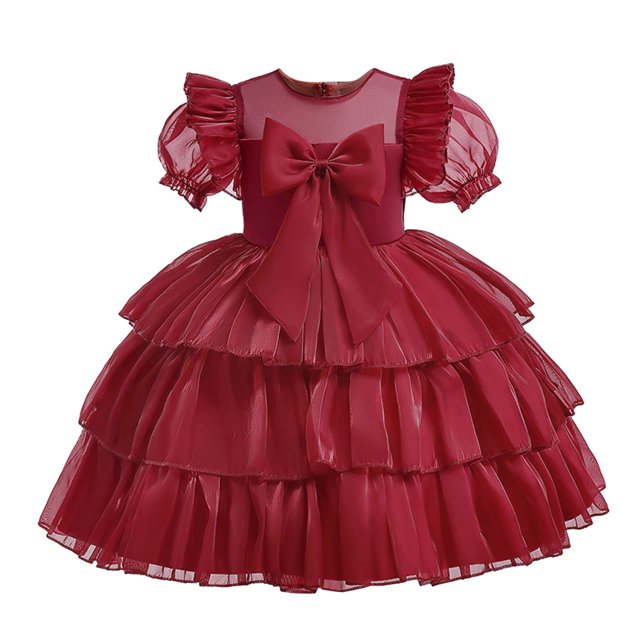 Penkiiy Robe de Fête d'Anniversaire Longue pour Tout-Petites Filles en Tulle Filet avec Nœud et Volants 6-7 Ans Rouge