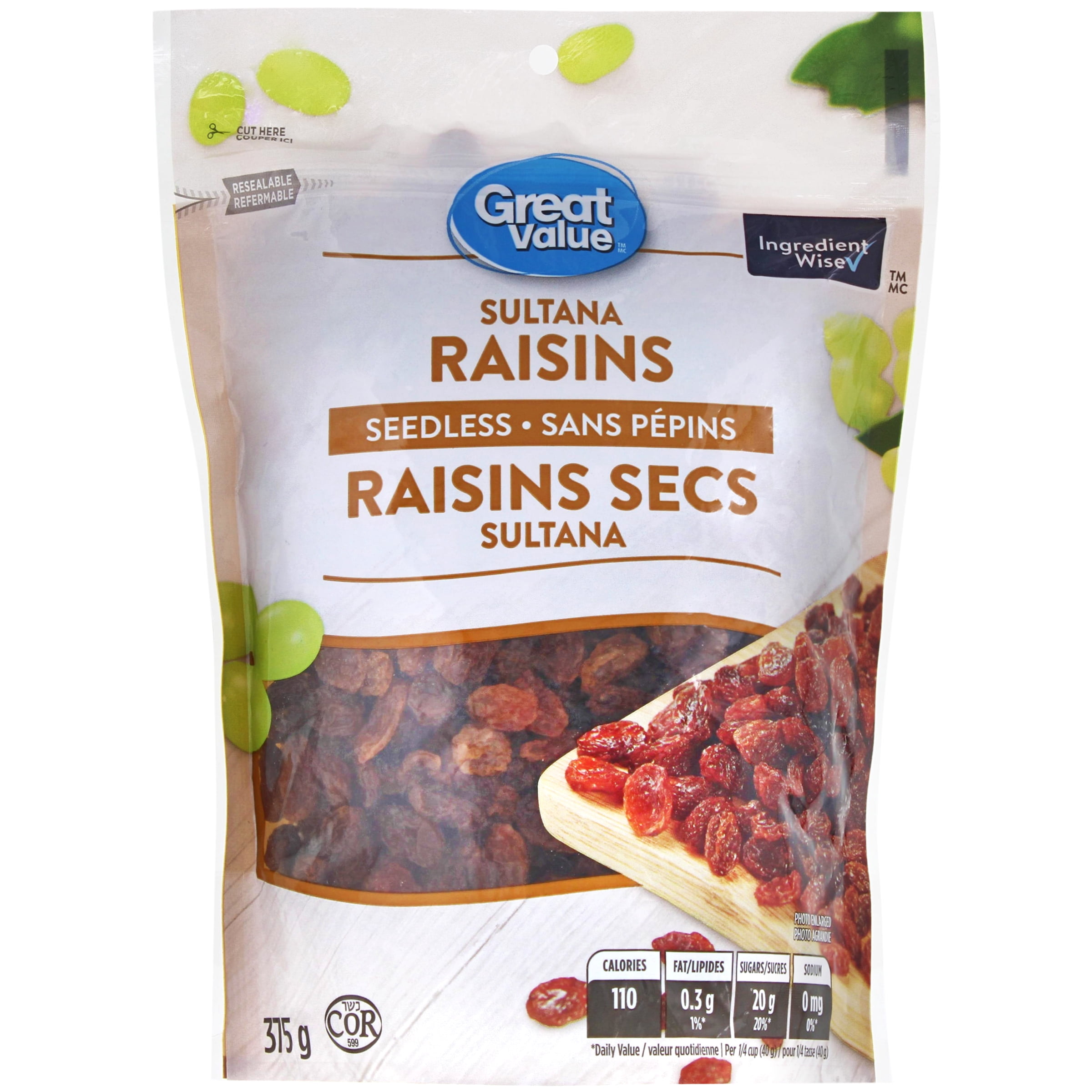 Raisins secs Sultana sans pépins Great Value 375g