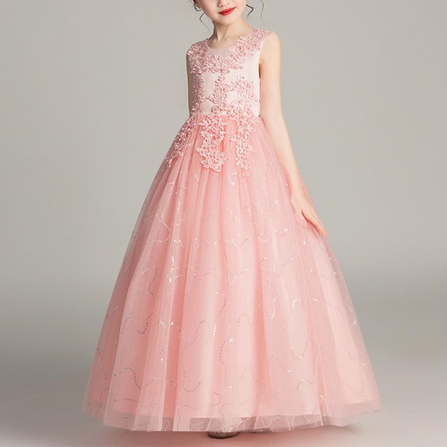 LOVZFMLL Girls' Summer Short Sleeve Ruffled Lace Round-Neck Embroidery Mesh Princess Bow Skirt