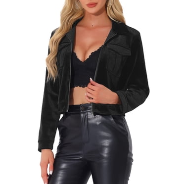 INSPIRE CHIC Collar Jacket for Women's Velvet Long Sleeve Zip Up Cropped Casual Bomber Jackets Black M