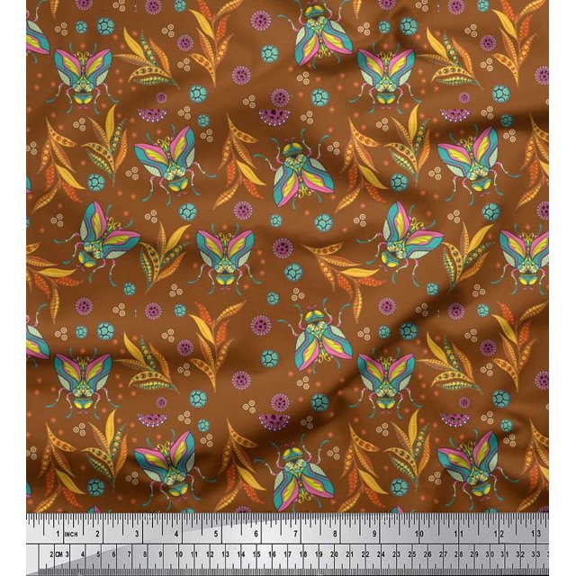 Soimoi Poly Georgette Fabric Leaves,Floral & Housefly Insects Print Fabric by The Yard 52 Inch Wide