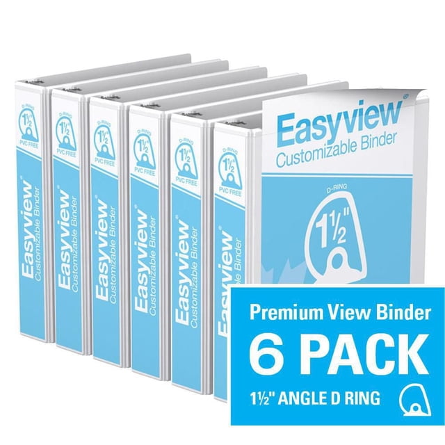 Davis Group Easyview Premium D Ring Customizable View Binder 6 Pack 1.5 inch with six white binders featuring blue customizable front covers and spines, clear overlay pockets, back-mounted rings for flat page laying, made from durable PVC-free polypropylene and recycled board, ideal for organizing presentations, manuals, and reports.
