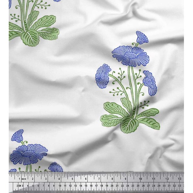 Soimoi Silk Fabric Leaves & Floral Block Printed Fabric 1 Yard 42 Inch Wide
