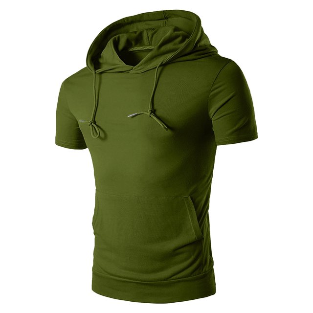 T-Shirt à Capuche à Cordon de Serrage Mode Décontractée pour Hommes Manches Courtes (Vert Armée, L)