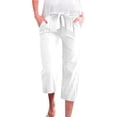 thumbnail image 1 of Amzcrzy Pantalon Capri pour Femmes Pantalon en Lin à Jambe Droite Taille Élastique Pantalon Habillé à Cordon Pantalon Uni Pantalon Décontracté pour Femmes avec Poches, 1 of 8