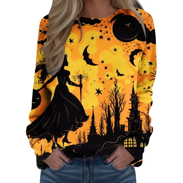 Tops For Womens Print O Neck Sweatshirt Neck Fit Pullover Tops Comfortable Long Sleeve Workout Shirts Loose Blouse