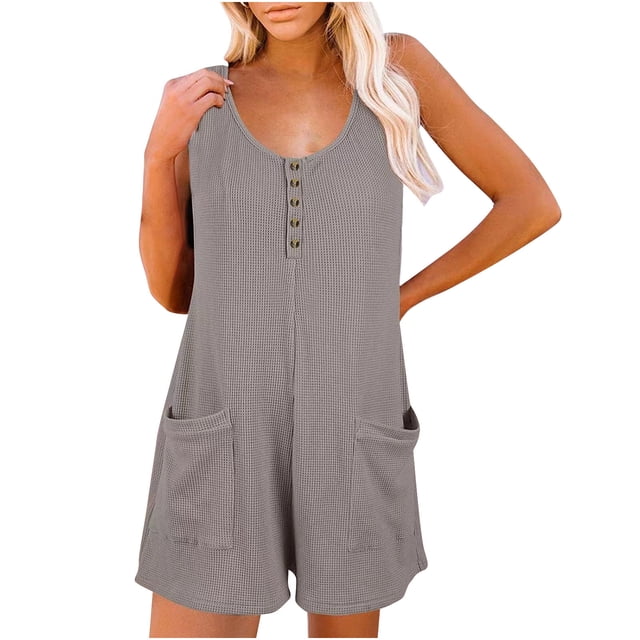 Women's Jumpsuit Scoop Neck Solid Color Sleeveless Buttons Short Jumpsuit With Pockets Ladies Loose Summer Short Romper